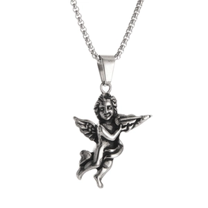 Hip hop violin angel pendant in vintage silver steel with a classic box chain necklace