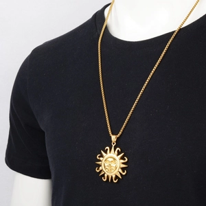 Hip-hop style vintage gold sun face pendant necklace with durable titanium steel link chain