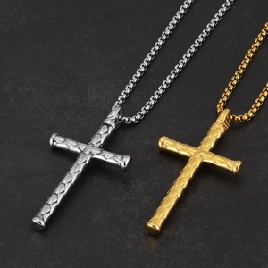 Hiphop silver and gold cross necklaces with textured patterns on square bead chains