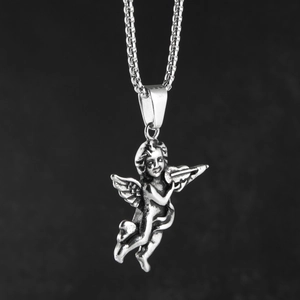 Vintage Hip Hop Angel Playing Violin Pendant Titanium Steel Necklace Retro Silver Gold Cupid Jewelry For Men Women