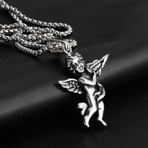 Retro hiphop violin angel pendant necklace in antique silver steel on black leather