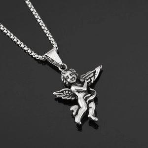 Detailed view of silver Cupid angel pendant with vintage finish on a steel box chain