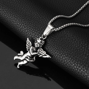 Retro stainless steel violin angel cupid pendant necklace with box chain for men and women