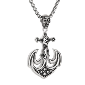 Hip Hop Punk Gothic Titanium Steel Anchor Skull Pendant Necklace Retro Antique Silver Streetwear Fashion Jewelry For Men Women