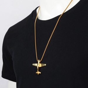 Collar hip hop con colgante de avión en acero de titanio dorado y cadena de bolas unisex
