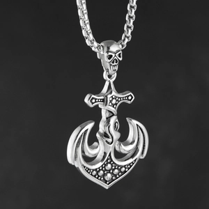 Gothic anchor and cross skull pendant necklace in silver titanium steel on box chain