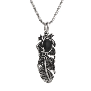 Collier hip hop vintage en acier titane avec pendentif plume et pierre ovale noire