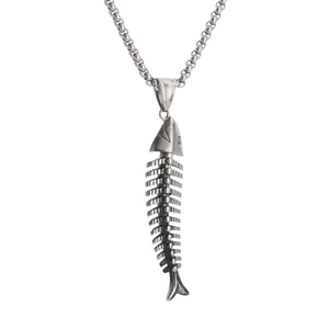 Collana con pendente a forma di scheletro di lisca di pesce hip hop in acciaio vintage