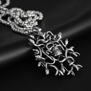 Gothic hip-hop Medusa schedel hanger ketting van vintage zilver roestvrij staal op zwart leder