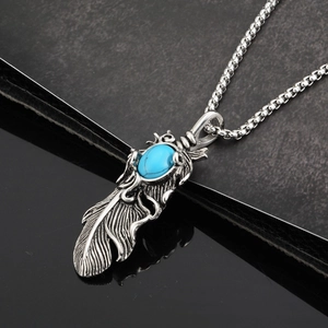Collier en acier titane avec pendentif plume et pierre turquoise bleue pour hommes et femmes