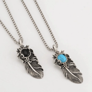 Collier Pendentif Plume en Acier Titane Vintage Rétro Tribal Bohème Hip Hop Style Turquoise Agate Bijoux pour Hommes Femmes