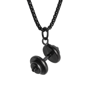 Detail of a matte black dumbbell pendant with a sturdy matching stainless steel box chain
