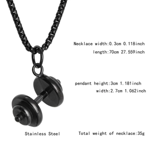 Black dumbbell pendant necklace in stainless steel with detailed product dimensions