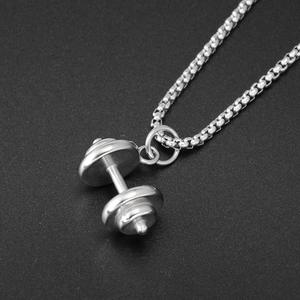 Hip hop style silver stainless steel barbell dumbbell pendant necklace on ball chain