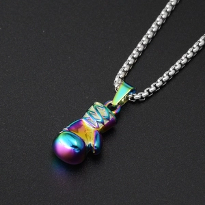 Rainbow boxing glove pendant necklace in stainless steel with silver box chain for hip-hop style