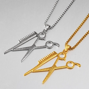 Collana con ciondolo a pettine e forbici in acciaio inossidabile hip-hop oro e argento