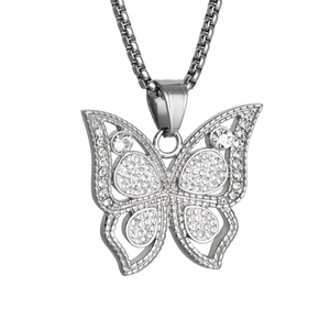 Hiphop Titanium Steel Butterfly Pendant Necklace For Women Men Full Rhinestone Hollow Box Chain Fashion Jewelry Silver Color