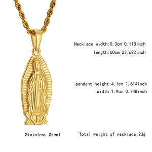 Detail view of gold Virgin Mary pendant dimensions and stainless steel chain specs