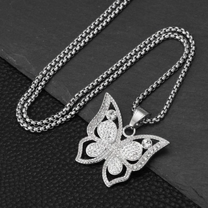 Hip hop style titanium steel butterfly necklace with white cubic zirconia pavé stones