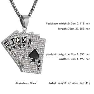 Hiphop iced out royal flush poker pendant necklace with dimensions and stainless steel material