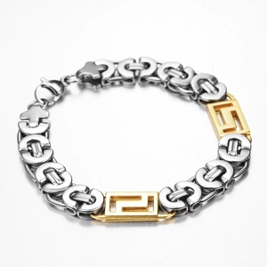 Herren Hip Hop Titanstahl Byzantinische Kette Armband Gold Silber Zweifarbig Griechischer Schlüssel Muster Punk Rock Schmuck