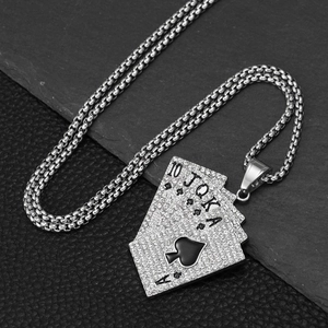 Hip hop silver stainless steel royal flush pendant necklace with sparkling rhinestones