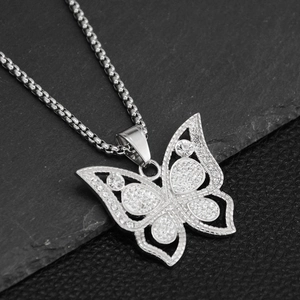 Hip hop butterfly pendant necklace with shimmering crystals on a silver box chain