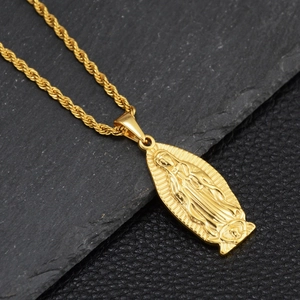 Hip hop style gold plated Virgin Mary pendant necklace with a twisted rope chain