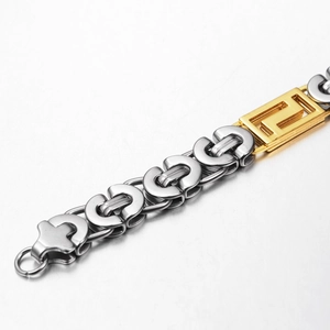 Hiphop-Armband aus Titanstahl mit goldenem Rechteck-Element und griechischem Muster