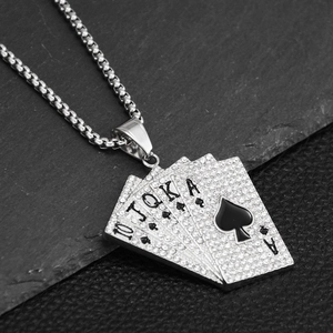 Hiphop silver titanium steel necklace featuring iced-out Royal Flush spade poker pendant
