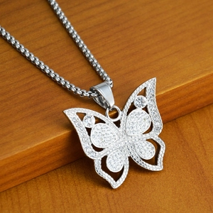 Hip hop style butterfly pendant necklace in titanium steel with sparkling crystal pavé finish