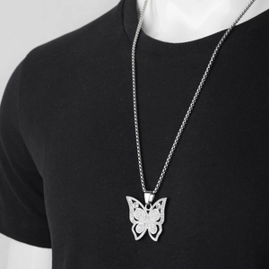 Hiphop silver butterfly pendant necklace with full iced-out cubic zirconia on box chain