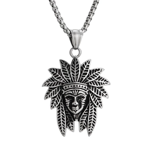 Collier Pendentif Tête de Chef Indien en Acier Inoxydable Vintage pour Hommes Femmes Bijoux Rétro Ethniques Hip Hop Argent