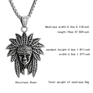 Dimensions détaillées du collier pendentif tribal indien hip-hop en acier inox