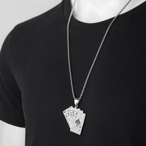 Hip hop royal flush poker pendant necklace with rhinestones on a box chain