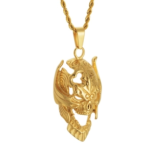 Collier Pendentif Masque de Crâne Hip Hop pour Hommes Acier au Titane Plaqué Or Chaîne de Corde Bijoux Punk
