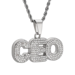 Hip Hop CEO Letter Pendant Necklace Alloy Rhinestone Inlaid Rope Chain Silver Bling Jewelry For Men Women Nightclub Streetwear