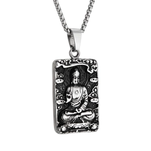 Vintage Stainless Steel Buddha Relief Pendant Necklace Hip Hop Rectangle Religious Medallion Jewelry For Men Women