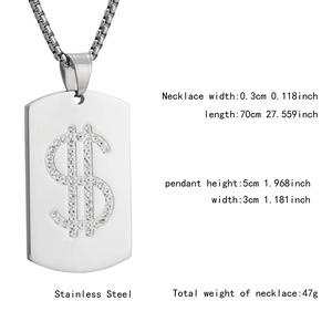 Spécifications du pendentif dollar en acier inoxydable avec chaîne et dimensions