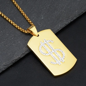 Collier hip hop avec pendentif dollar doré et cristaux sur fond de pierre noire