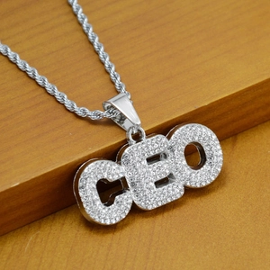 Hip hop CEO letter pendant necklace with iced out crystals on silver rope chain