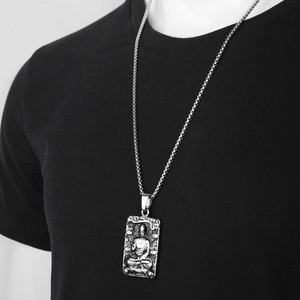 Hip hop style silver stainless steel necklace with rectangular Buddha relief pendant