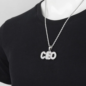 Hip hop silver CEO letter pendant with rope chain and sparkling rhinestones on model