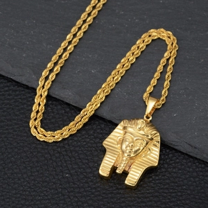 Hip hop style gold Egyptian pharaoh mask pendant on twisted rope chain with stone background