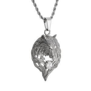 Hip hop wolfskop hanger ketting met heldere zirkoon steen in gepolijst zilveren afwerking
