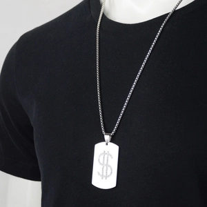 Collier hip hop avec pendentif signe dollar argenté et cristaux brillants