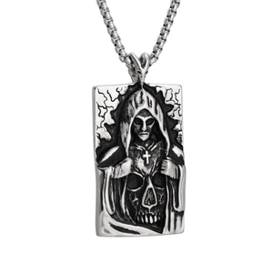 Gothic Grim Reaper Skull Military Tag Titanium Steel Pendant Necklace Vintage Blackened Cross Relief Pendant For Men Women
