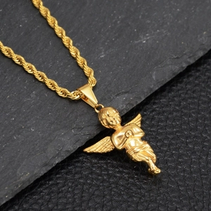 Colgante de ángel cupido 3D dorado pulido con cadena de cuerda clásica para hombre y mujer