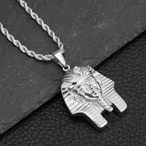 Polished silver stainless steel Egyptian Pharaoh Tutankhamun pendant on a rope chain necklace