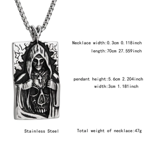 Macro view of stainless steel rectangular Reaper pendant with vintage silver finish details